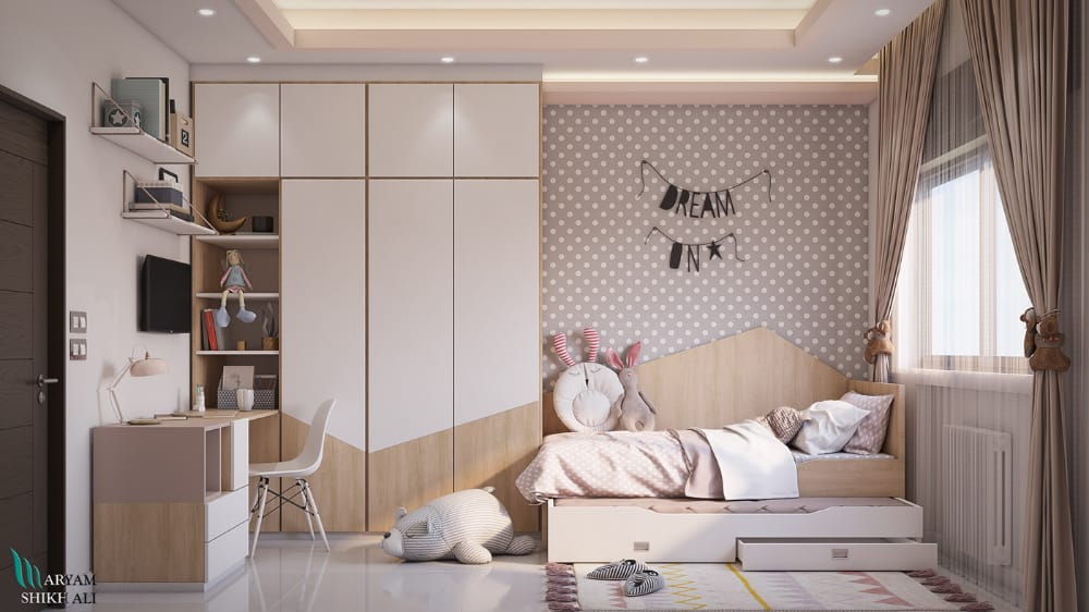 Modern children's bedroom interior design by Olangana in Bangalore, featuring custom two-tone wardrobes, a pull-out bed, integrated desk, and soft pastel decor.