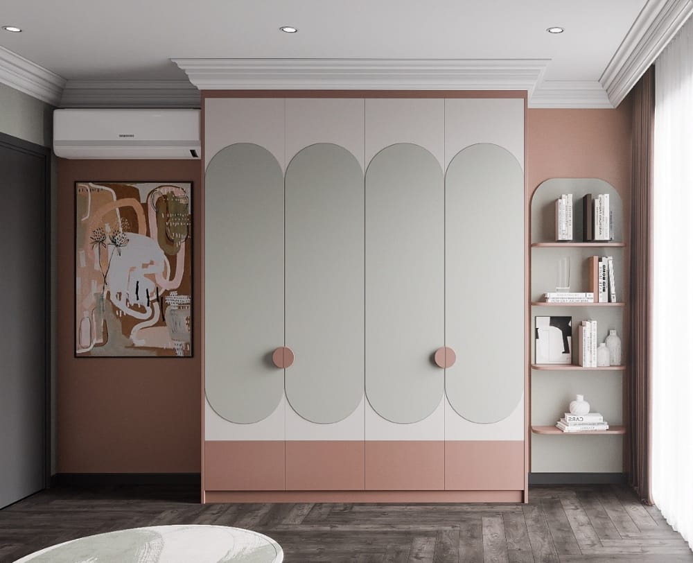 Modern bedroom interior design by Olangana in Bangalore, featuring a custom two-tone wardrobe with arched details, integrated open shelving, and abstract art in a soft, contemporary color palette.