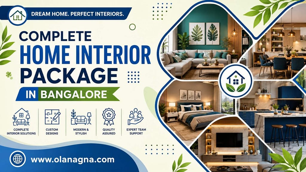 Complete Home Interior Package Cost in Bangalore with modular kitchen, wardrobe, TV unit and modern living room interiors.
