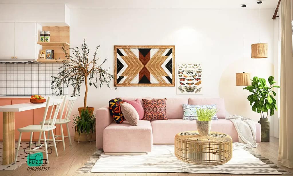 Modern living room interior with wooden wall décor, stylish sofa with pillows, plants, window curtains, and a unique wooden tea table, part of interior concepts by Olangana Design’s in Bangalore.