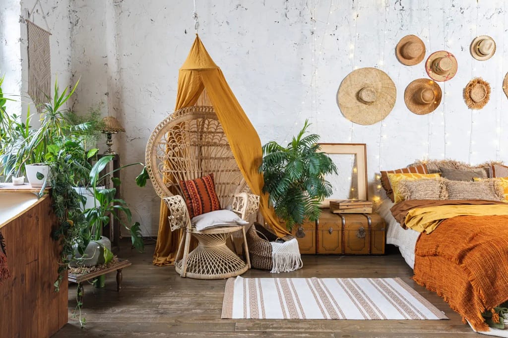 Bohemian style bedroom interior with rattan lounge chair, canopy reading nook, indoor plants, and warm earthy decor designed by Olangana Design’s.