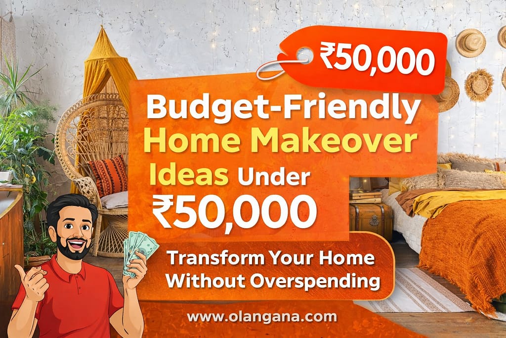 Budget-Friendly Home Makeover Ideas Under ₹50,000 thumbnail showing modern bedroom interior with decorative chair, indoor plants, and affordable home decor ideas