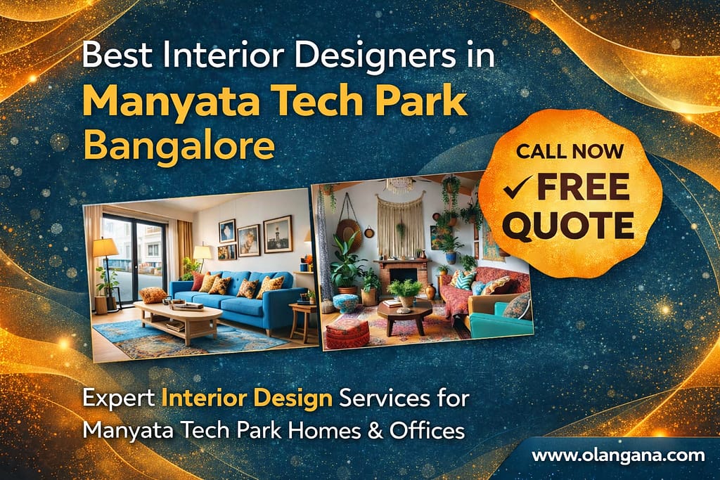 Best interior designers in Manyata Tech Park Bangalore modern living room interior design with stylish furniture and premium home decor by Olangana