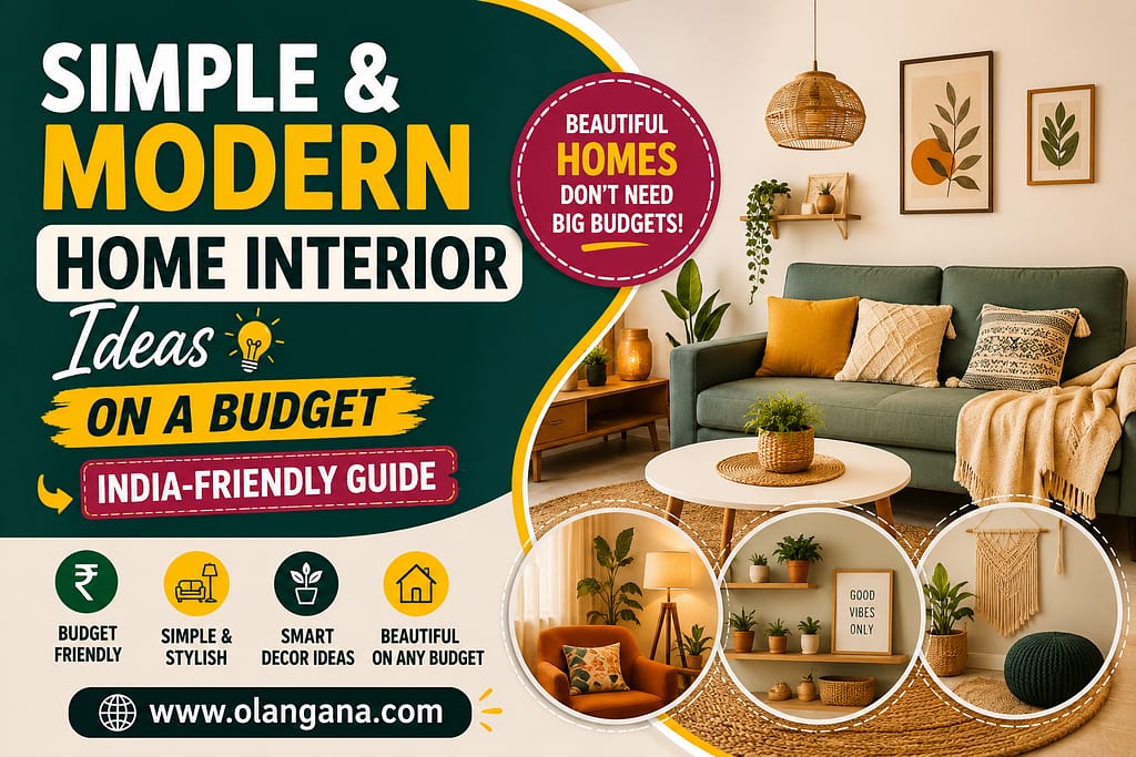 Simple and modern budget-friendly home interior design ideas with stylish living room decor, indoor plants, cozy furniture, and aesthetic Indian home styling.
