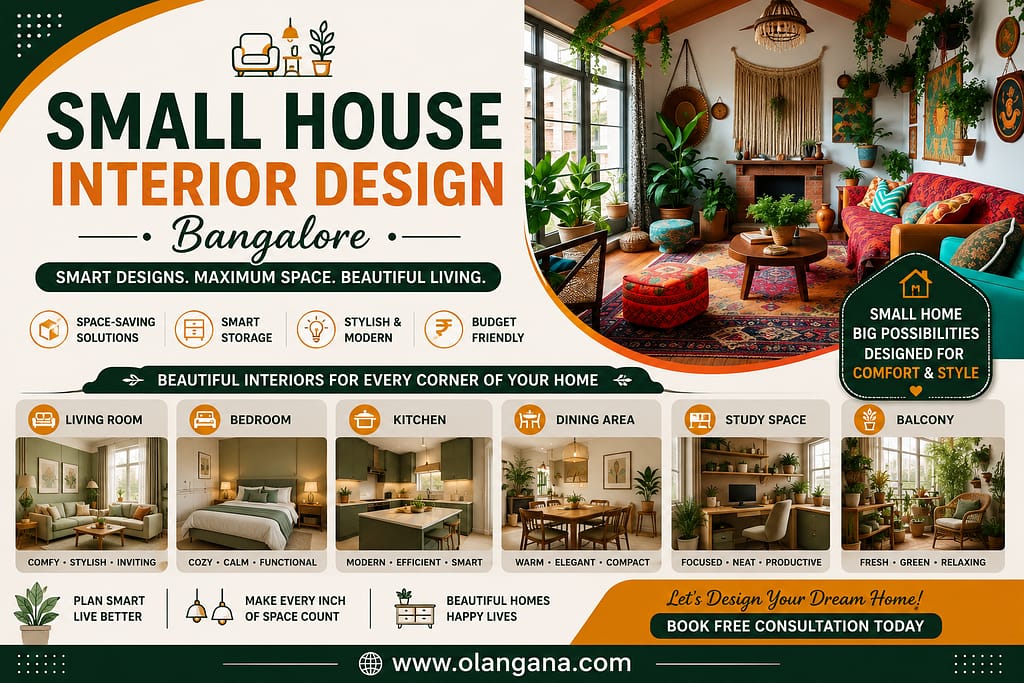 Small house interior design Bangalore poster featuring smart space-saving living room, bedroom, kitchen, dining, study, and balcony interior ideas for compact homes.
