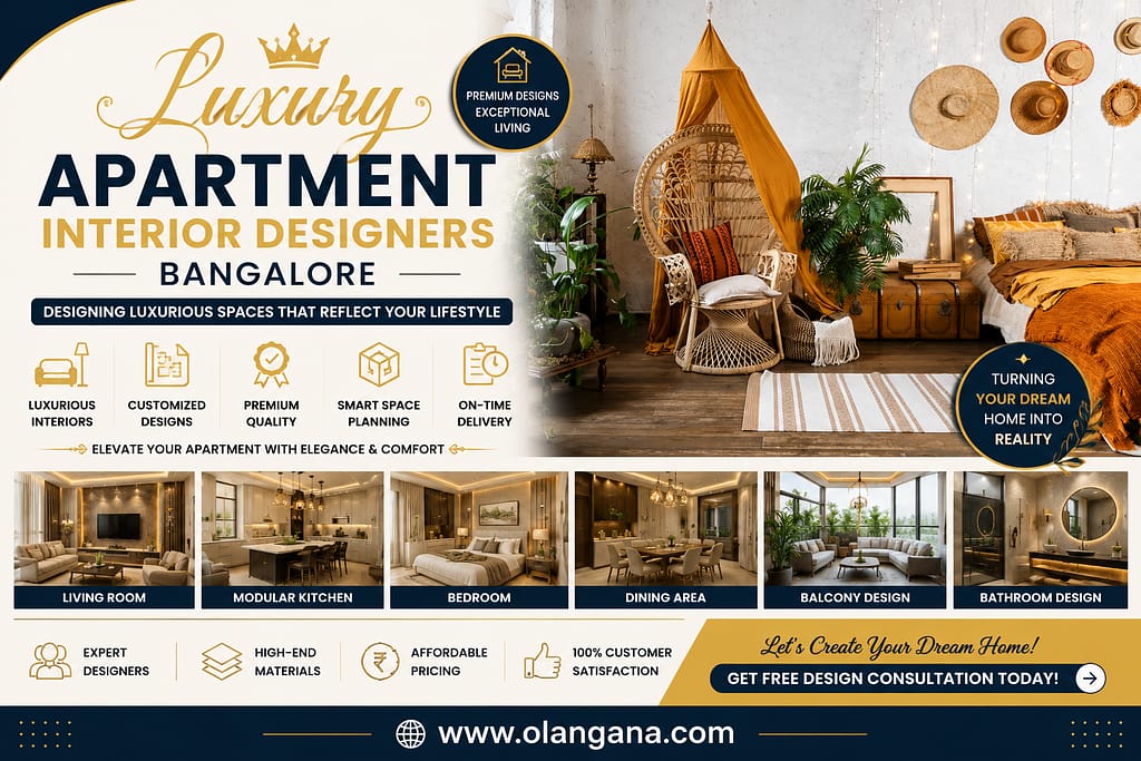 Luxury Apartment Interior Designers Bangalore creating premium modern apartment interiors with elegant bedroom, modular kitchen, balcony, and bathroom designs.