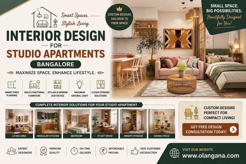Interior Design for Studio Apartments Bangalore poster showcasing smart space-saving interiors, modular kitchen, compact bedroom, and modern studio apartment solutions.