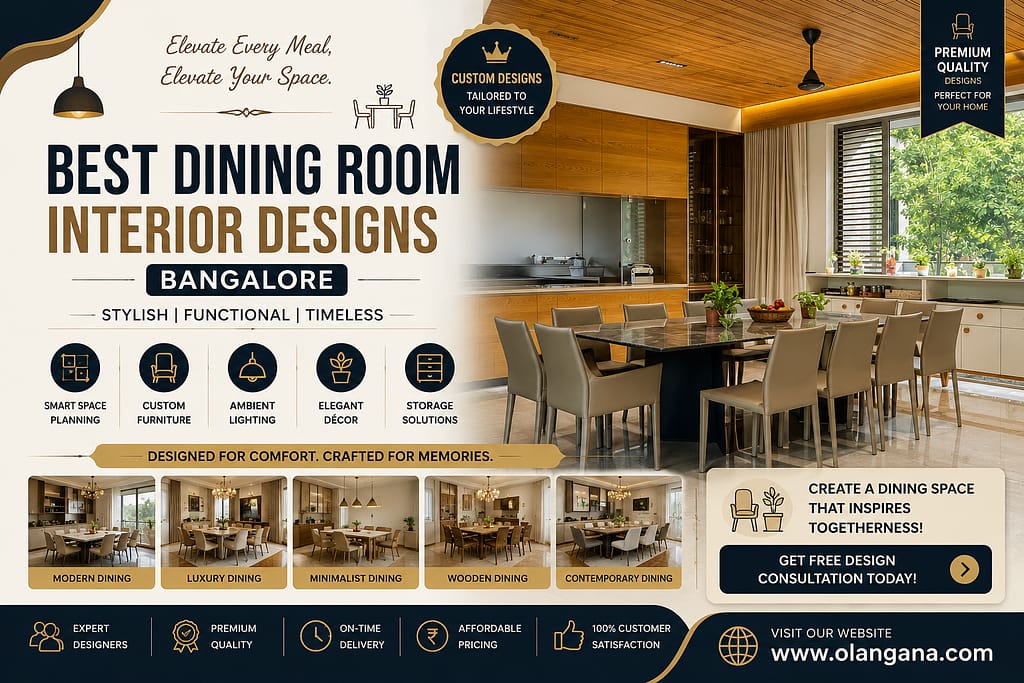 Modern dining room interior design in Bangalore with wooden ceiling, luxury dining table, elegant lighting, and contemporary dining space decor by Olangana.