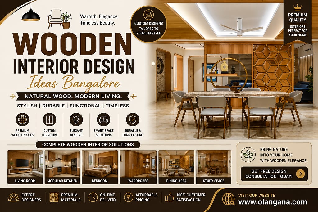 Modern wooden interior design ideas in Bangalore featuring elegant dining area, wooden wall panels, custom furniture, and luxury wooden décor for stylish homes.