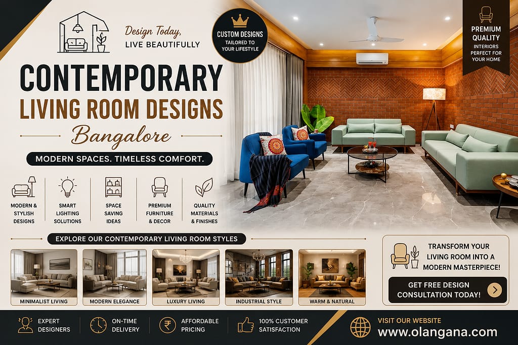 Contemporary living room designs Bangalore with modern furniture, elegant lighting, premium interiors, and stylish decor by Olangana.