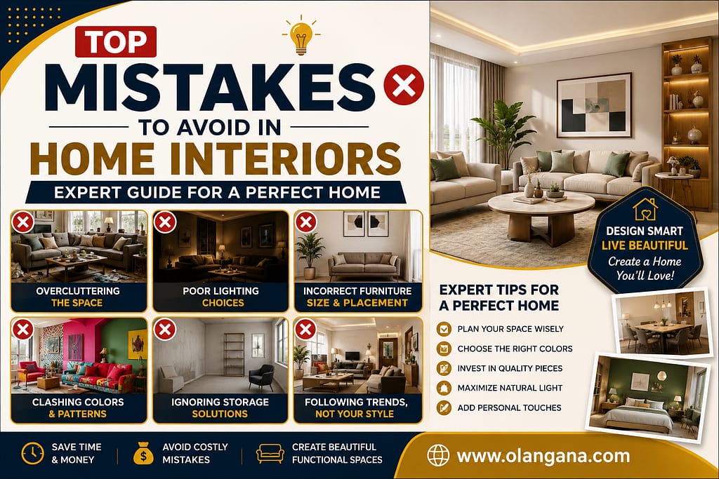 Modern infographic poster showing top mistakes to avoid in home interiors, including poor lighting, cluttered spaces, wrong furniture placement, clashing colors, and storage issues, with expert interior design tips for creating a stylish and functional home by Olangana Design.