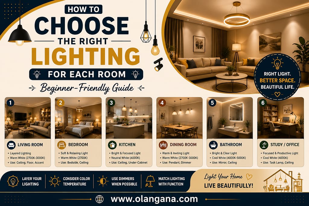 Modern infographic poster explaining how to choose the right lighting for each room, featuring lighting ideas for living room, bedroom, kitchen, dining room, bathroom, and study room with warm ambient interior designs.