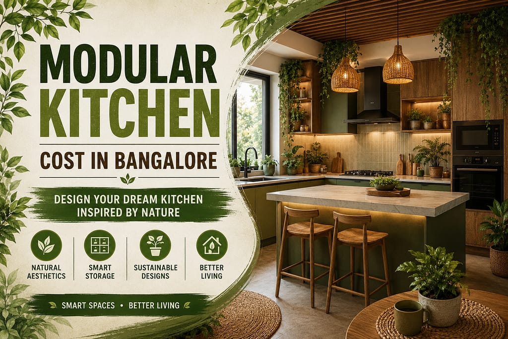 Modern modular kitchen cost in Bangalore featuring biophilic interior design, smart storage solutions, sustainable materials, and contemporary kitchen layouts for Bangalore homes.