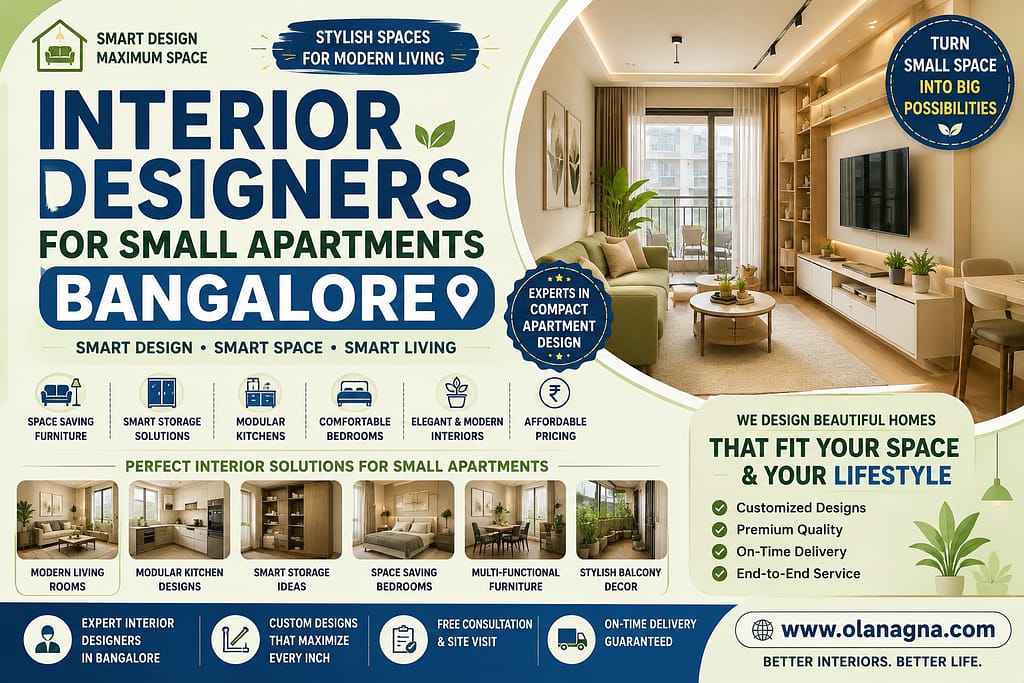 Interior Designers for Small Apartments Bangalore offering smart space-saving interiors, modular kitchens, modern living rooms, and customized furniture designs.