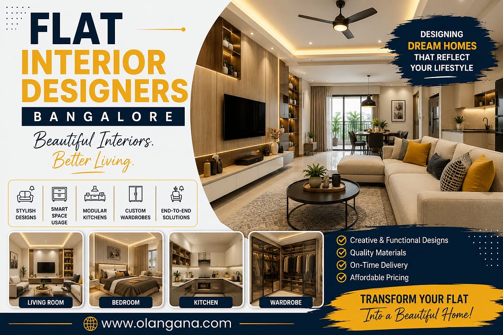 Modern apartment interior design in Bangalore featuring stylish living room, modular kitchen, custom wardrobe, bedroom interiors, and smart space-saving solutions.