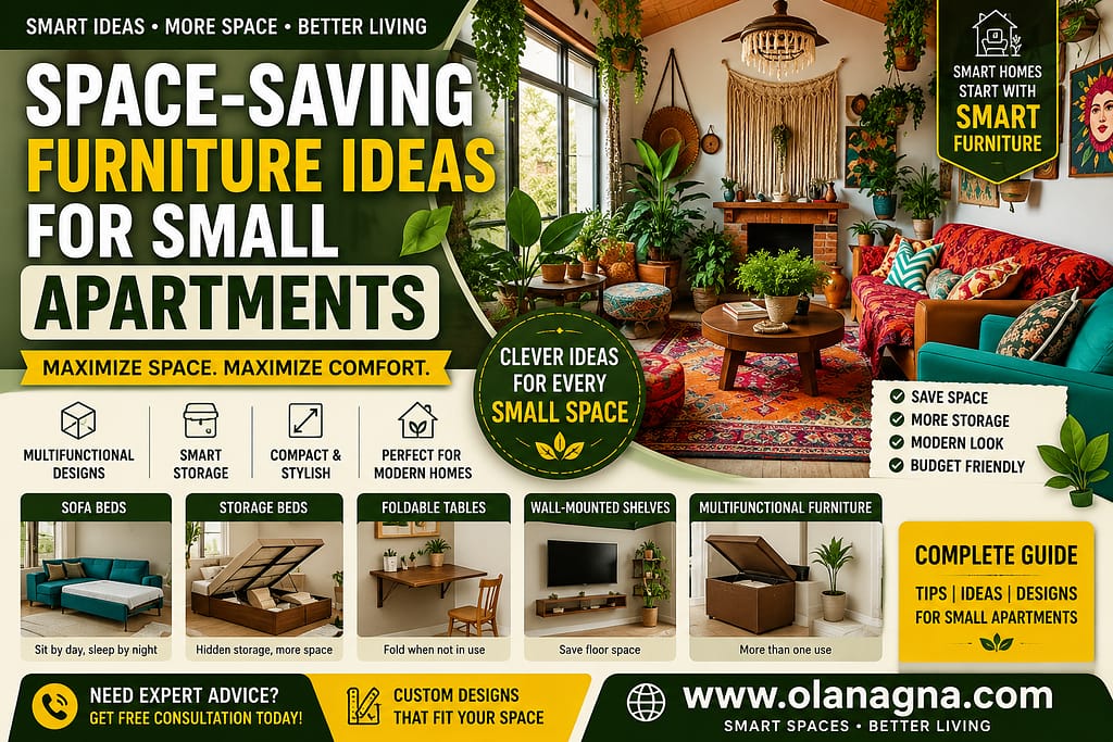 Space-saving furniture ideas for small apartments featuring multifunctional sofa beds, storage beds, foldable tables, wall-mounted shelves, and smart storage solutions.