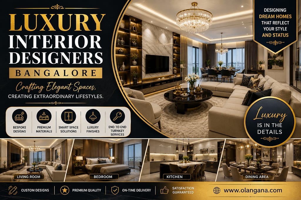 Luxury Interior Designers Bangalore creating premium living rooms, designer bedrooms, luxury modular kitchens, dining spaces, and custom home interiors.