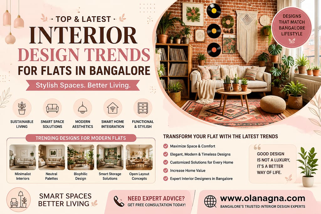 Interior design trends for flats in Bangalore featuring biophilic interiors, smart storage solutions, sustainable living, modern apartment design, and contemporary home decor.