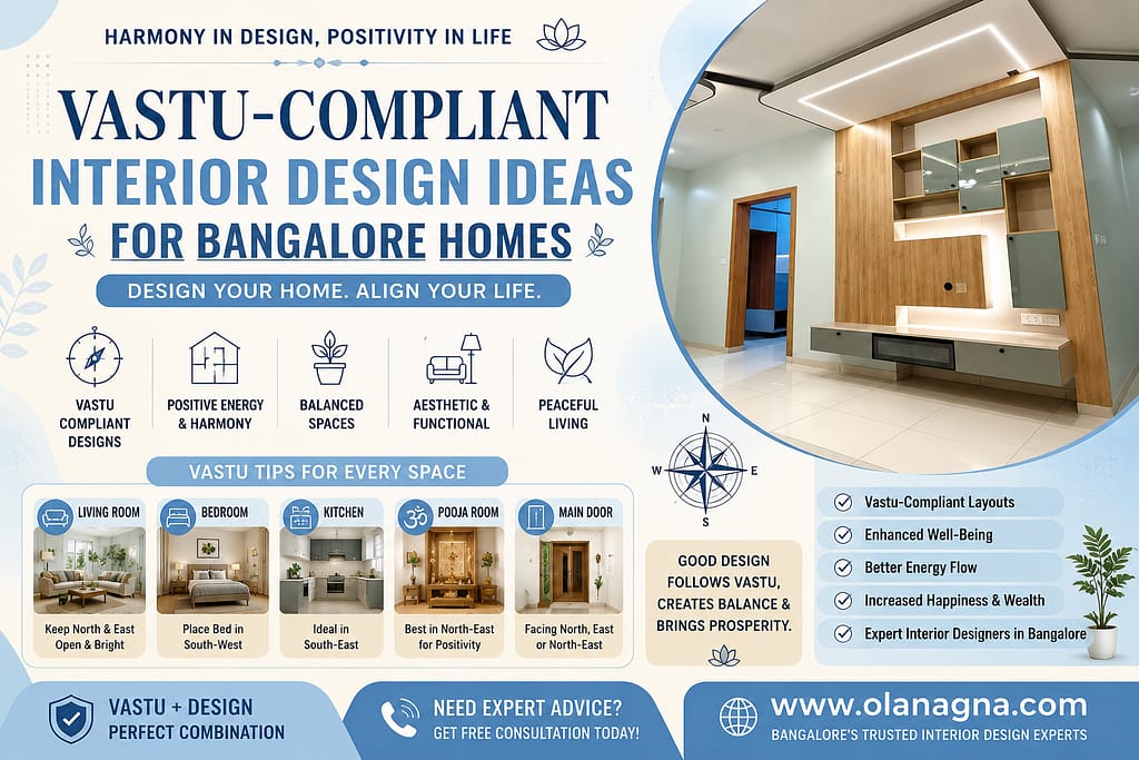 Vastu-compliant interior design ideas for Bangalore homes featuring balanced layouts, positive energy spaces, modern interiors, vastu-friendly living room, bedroom, kitchen, and pooja room design.