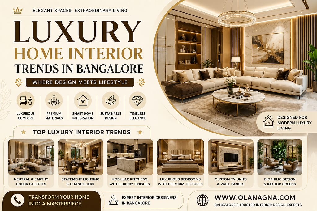 Luxury home interior trends in Bangalore featuring premium living room design, designer chandelier, smart home integration, elegant furniture, marble finishes, and modern luxury interiors.