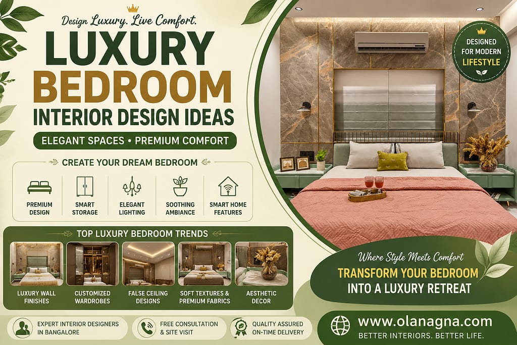 Luxury bedroom interior design ideas featuring premium wall finishes, customized wardrobes, elegant lighting, smart storage solutions, and modern luxury interiors in Bangalore homes.