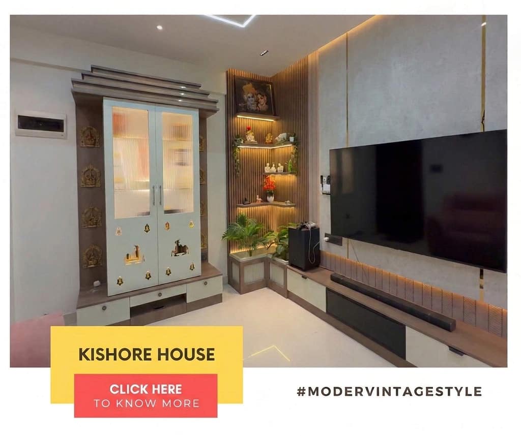 Modern hall interior in Bangalore with TV cabinet and Indian style pooja room designed side by side by Olangana Designs