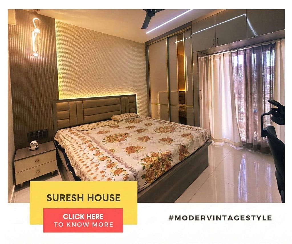 Modern bedroom interior in Bangalore with stylish cot, bedside table for lamp, and sliding wardrobe by Olangana Designs