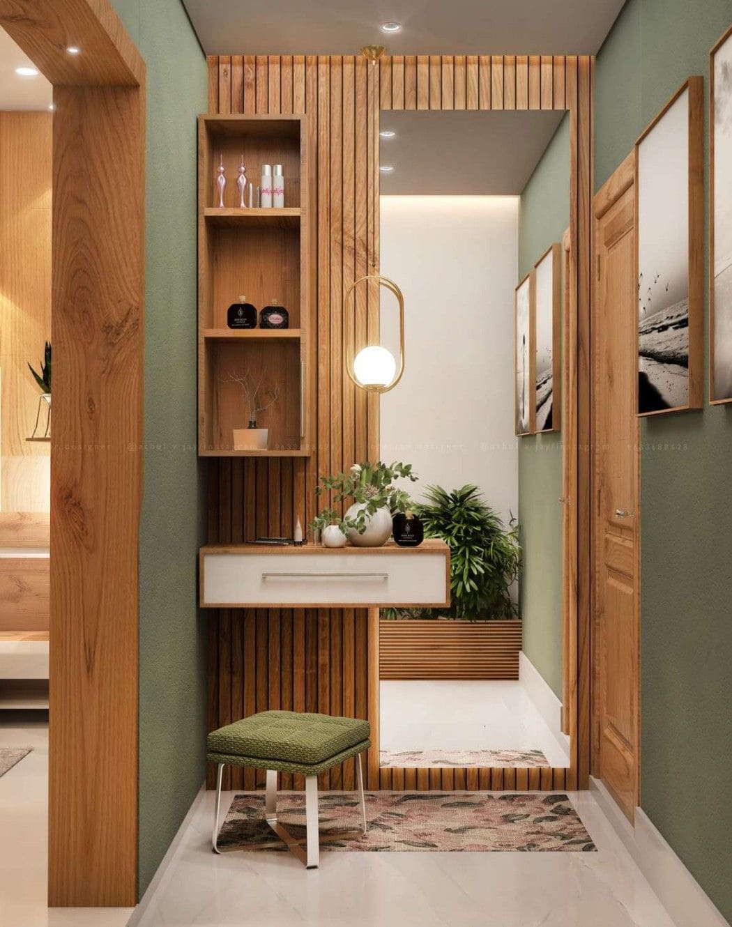 Modern vanity and dressing area interior with wooden slat paneling, integrated shelving, green upholstered stool, and elegant pendant light, expertly designed by Olangana Design in Bangalore.