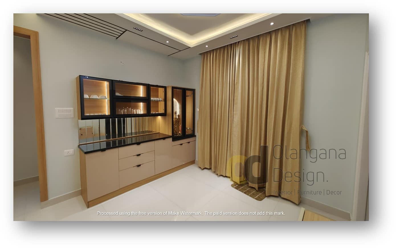 Modern crockery unit interior design by Olangana Design in Bangalore with glass cabinets and LED lighting.