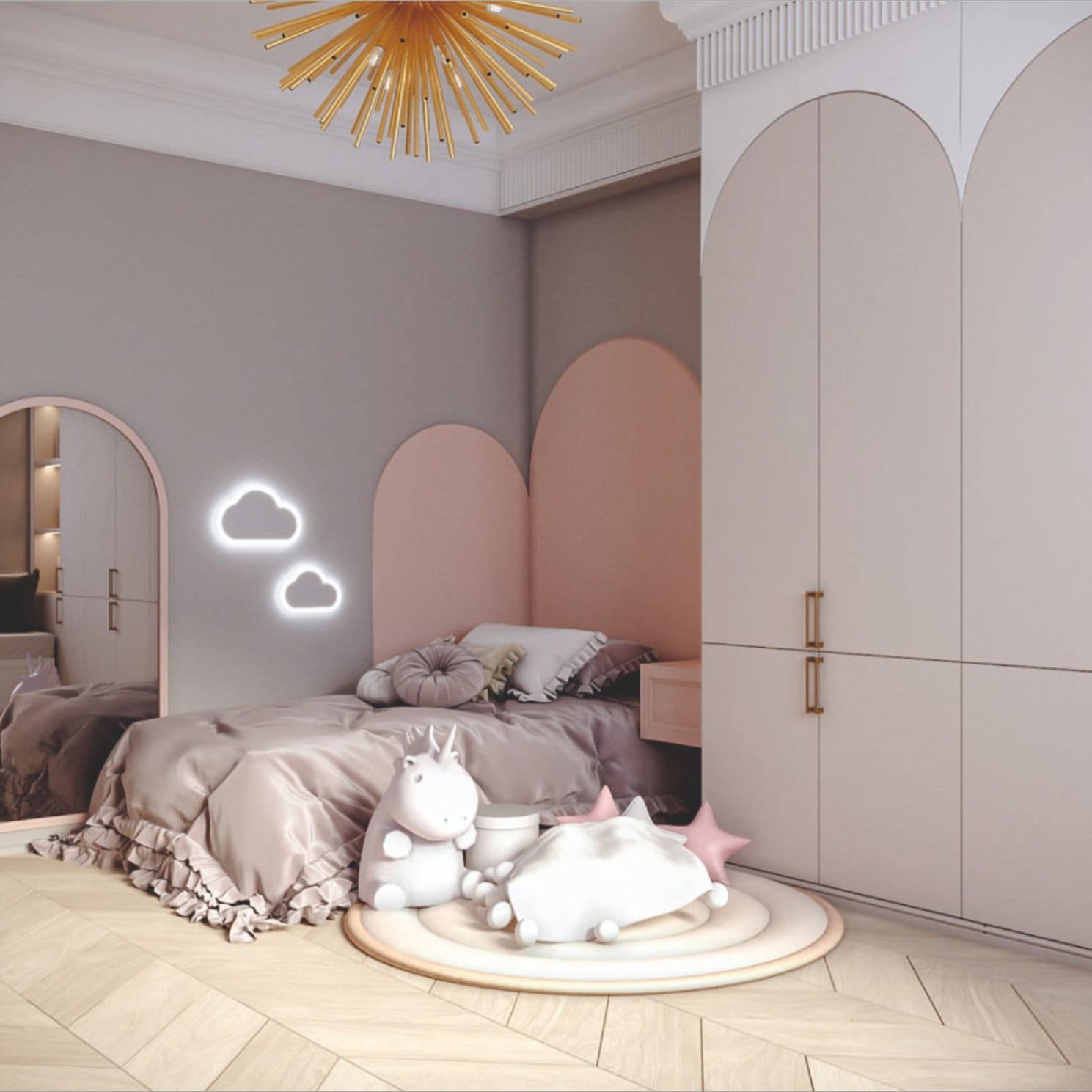 Charming pink and grey kids' bedroom interior with arched headboard, cloud lights, and custom wardrobe, designed by Olangana Design in Bangalore.