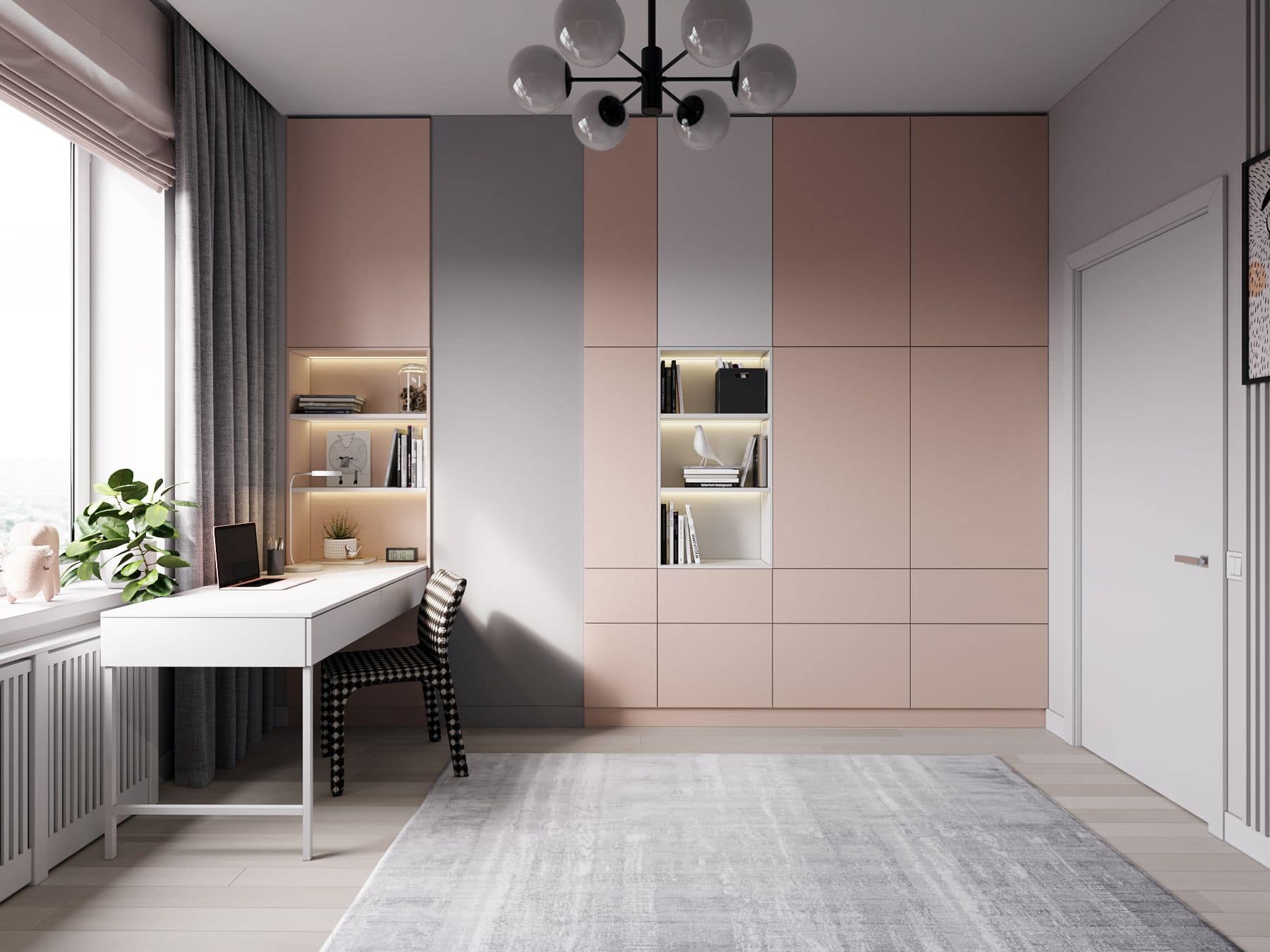 Modern home office interior designed by Olangana Design in Bangalore, featuring a stylish white desk, pink and grey built-in cabinets with illuminated shelves, and a contemporary light fixture, showcasing elegant and functional residential interior solutions.