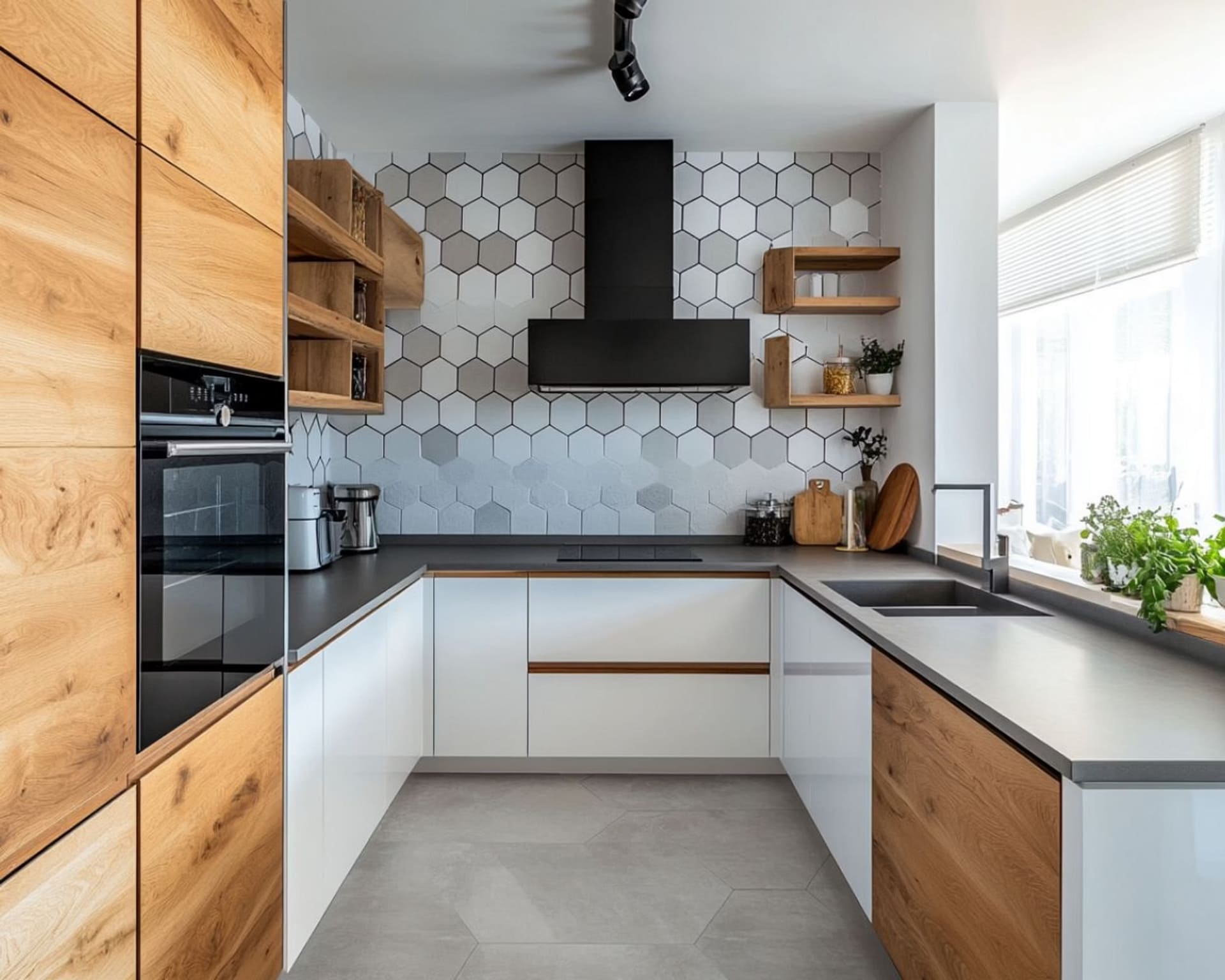 Modern U-shaped kitchen interior designed by Olangana Designs for a Bangalore home with modular cabinets, chimney space, and efficient storage layout.