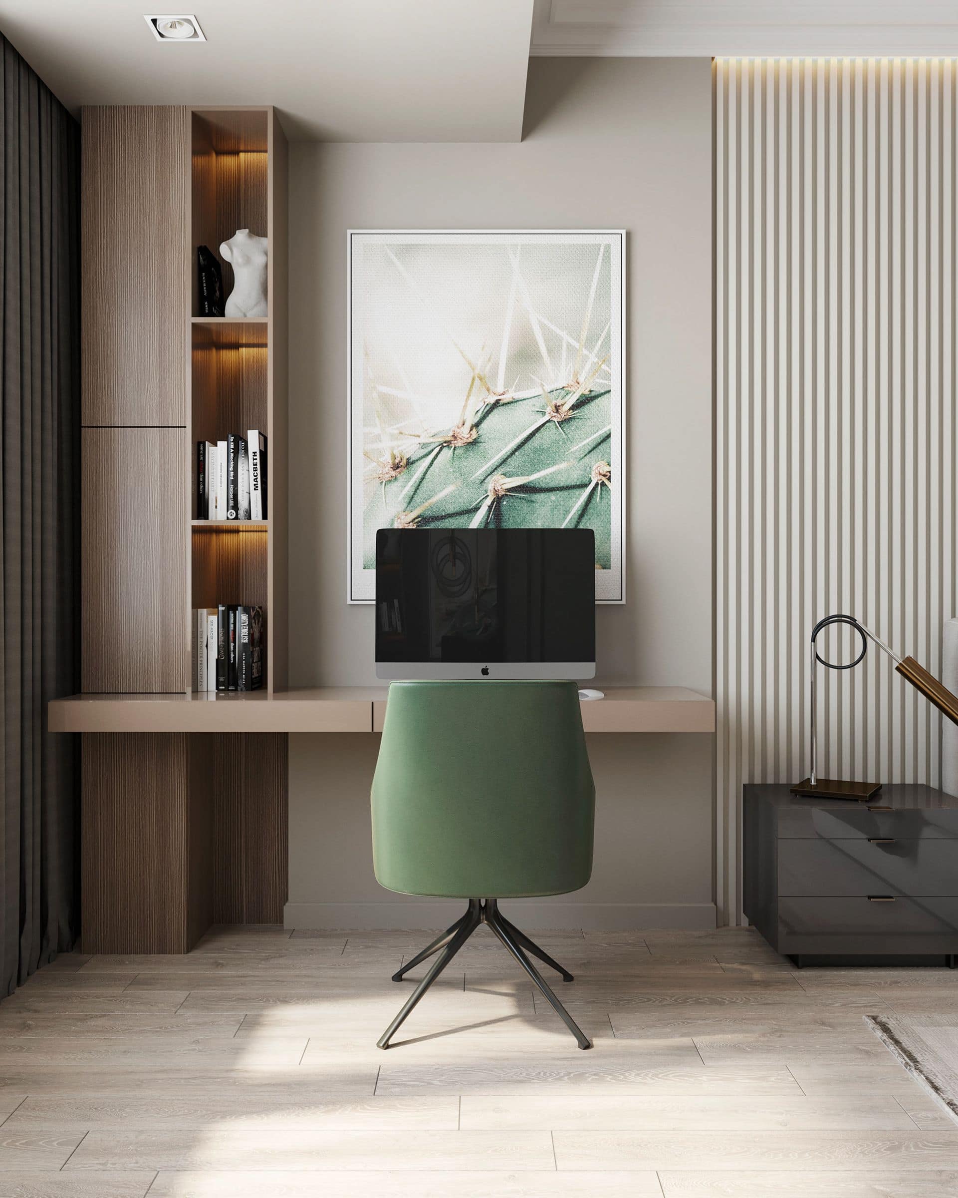 Modern home office interior design by Olangana in Bangalore, featuring a sleek wooden desk, integrated shelving with warm lighting, a green velvet chair, and a large cactus art print.