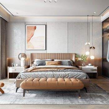 Modern contemporary bedroom interior design by Olangana Design in Bangalore, featuring a stylish upholstered bed, bedside tables, pendant lights, and a tufted bench.