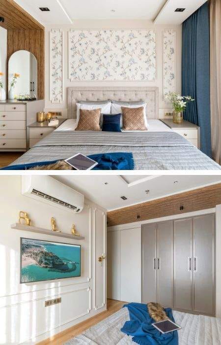 Elegant modern bedroom interior design with a tufted headboard, neutral color palette, and blue accents, showcasing sophisticated residential solutions by Olangana Design in Bangalore.