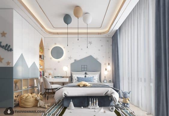 Elegant children's bedroom interior design by Olangana in Bangalore, featuring a whimsical house-shaped bed, star-patterned walls, and custom mountain-themed wardrobes with integrated shelving.