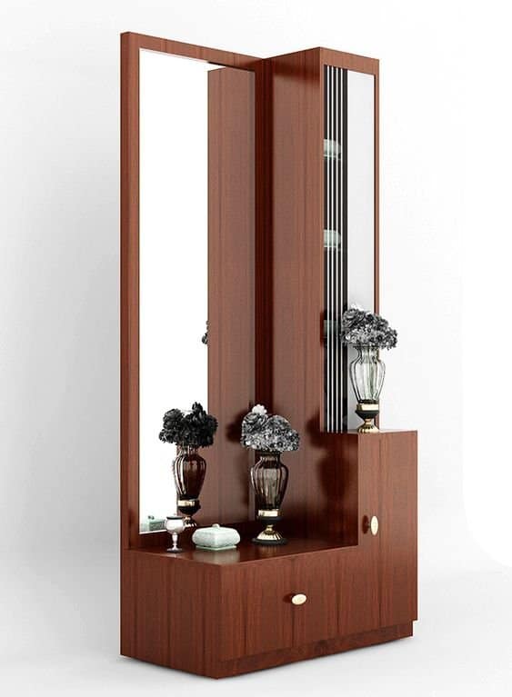 Modern wooden dressing table with full-length mirror, integrated storage, and decorative accents, showcasing expert interior design by Olangana Design in Bangalore.