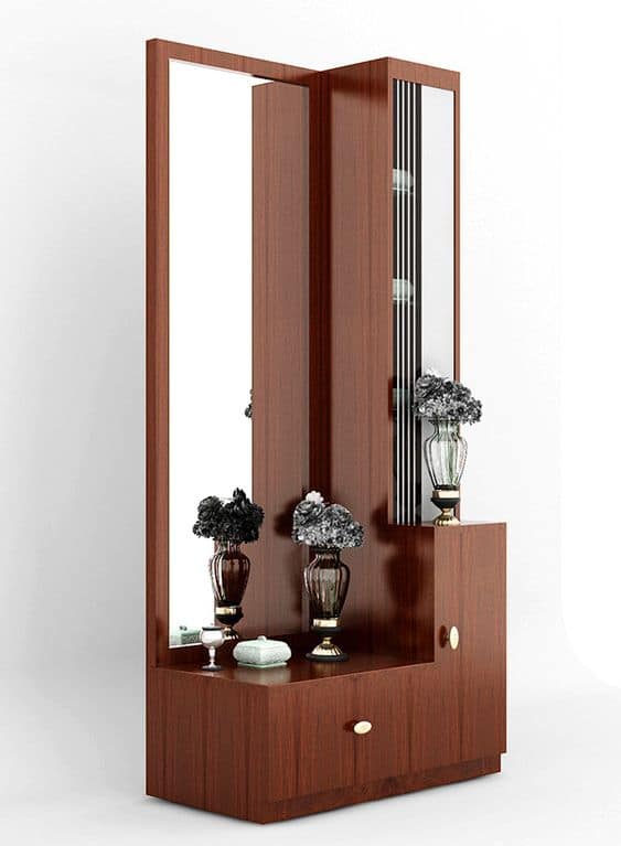 Modern wooden dressing table with full-length mirror, integrated storage, and decorative accents, showcasing expert interior design by Olangana Design in Bangalore.