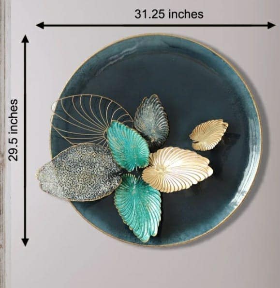 Modern teal and gold metal leaf circular wall art by Olangana Design, perfect for contemporary interior decor in Bangalore.