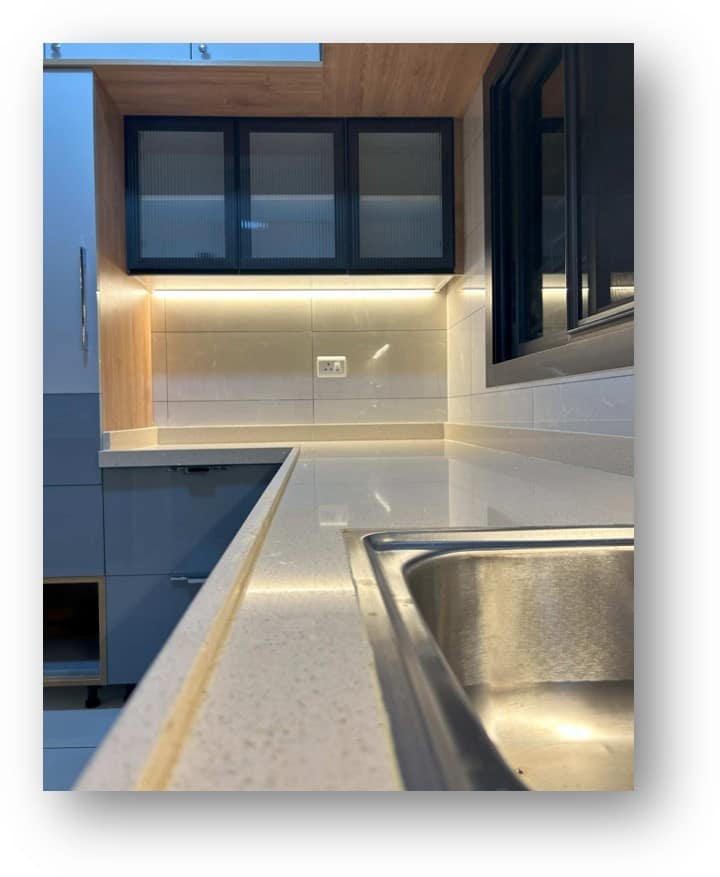 modern kitchen with glass cabinets Bangalore