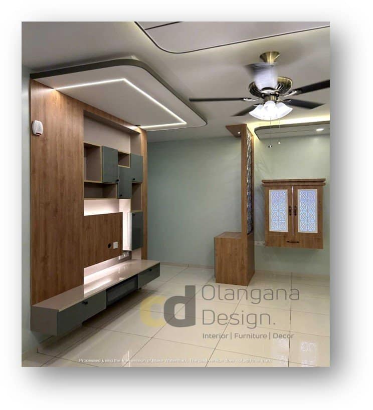 Modern interior design by Olangana Design featuring a sleek TV unit, false ceiling with LED lighting, and custom pooja unit in a Bangalore home.