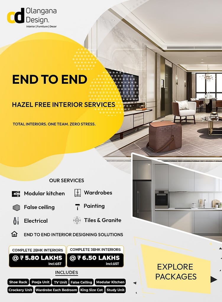 Modern interior design by Olangana Design in Bangalore, featuring a luxurious living room with TV unit and a sleek modular kitchen, showcasing complete home interior solutions.