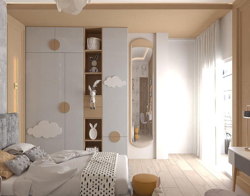 Elegant children's bedroom interior design by Olangana in Bangalore, featuring custom light grey wardrobes with wooden accents, integrated open shelving, and playful cloud decor.