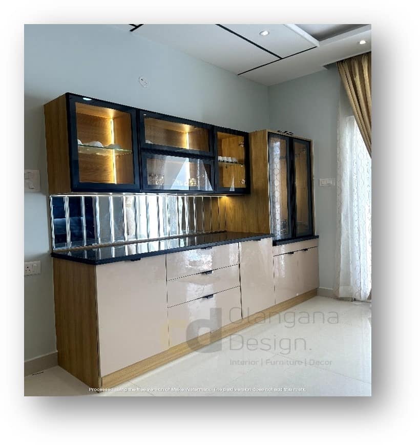 Close-up view of modern crockery unit lighting design by Olangana Design in Bangalore.