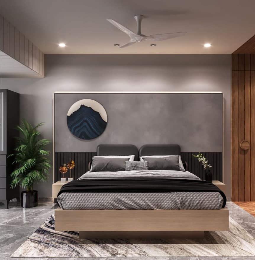 Modern bedroom interior design by Olangana Design in Bangalore, featuring a wooden bed, grey and black decor, unique wall art, and elegant lighting for a luxurious feel.