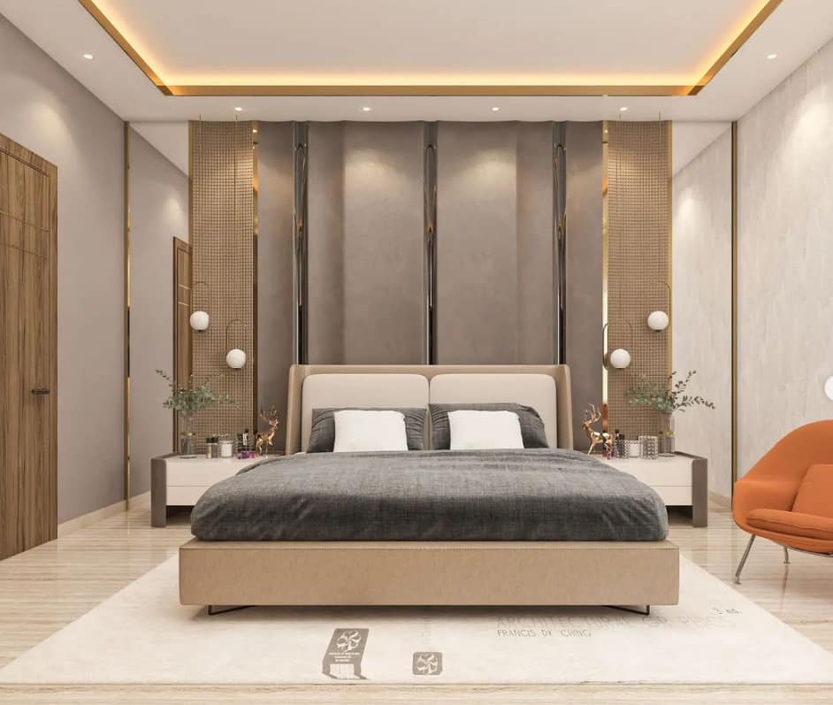 Modern bedroom interior design by Olangana Design in Bangalore, featuring a plush bed, sophisticated headboard, and ambient lighting.
