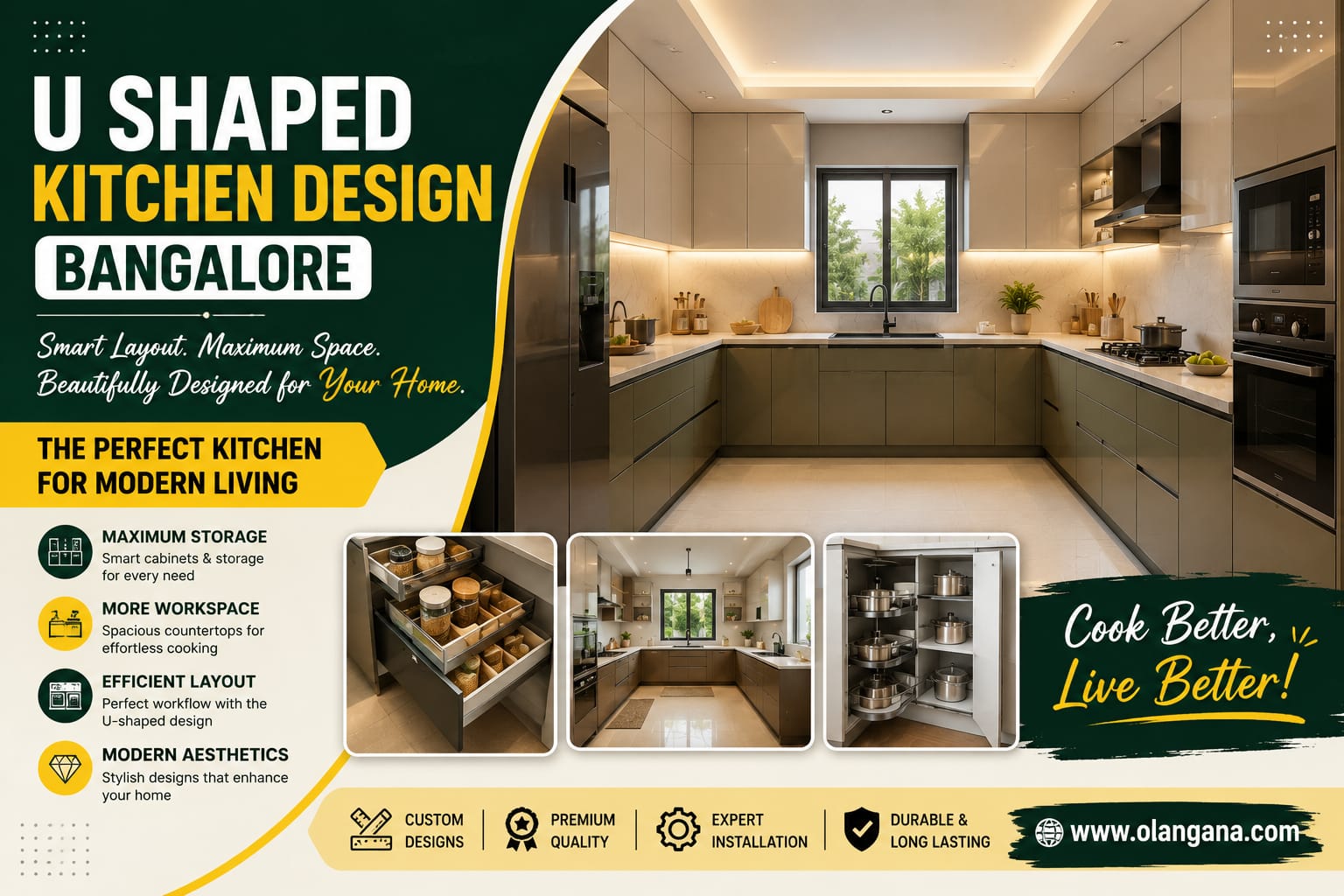 Modern U Shaped Kitchen Design Bangalore featuring modular cabinets, smart storage solutions, spacious countertops, and premium kitchen interiors for contemporary homes.